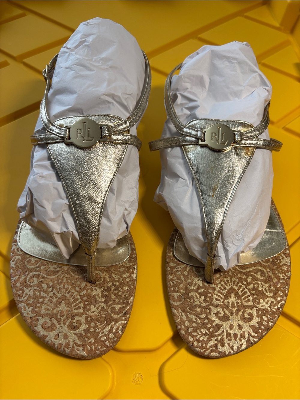 Ralph Lauren Metallic Gold T-Strap Sandals with Embossed Footbed